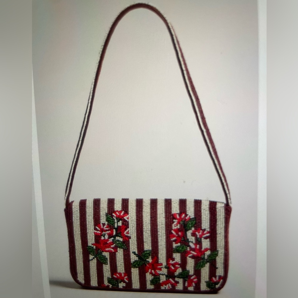 ❤️ ANTHROPOLOGIE FIONA BEADED FLORAL STRIPED GARDEN SHOULDER BAG PURSE NEW